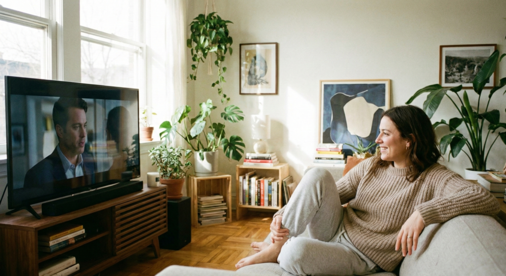 リビングでTVを見てくつろぐ女性