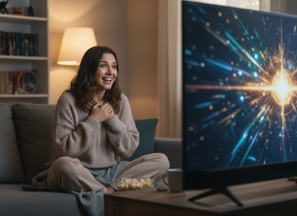 TVドラマを見て感動している女性